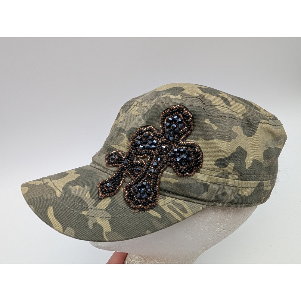 Camo Cadet Hat Beaded Cross Applique Elastic Back One Size UB151245
